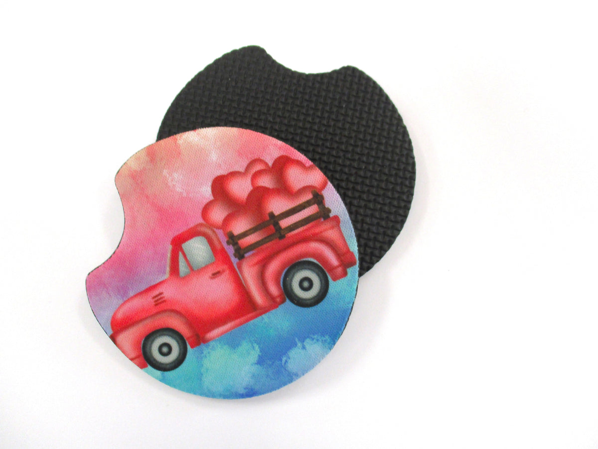 Set of 2 Absorbent Neoprene Rubber Car Coasters - Sublimated Truck With  Hearts