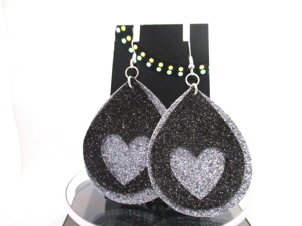Cute Black and Silver 2 Layer Heart Valentine Teardrop Faux Leather Earrings