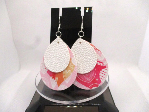 Cute White and Pink 2 Layer Heart Valentine Teardrop Faux Leather Earrings