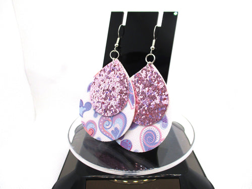 Cute Pink Glitter and Heart Patterned 2 Layer Heart Valentine Teardrop Faux Leather Earrings