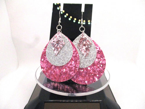 Pretty In Pink 3 Layer Glitter Faux Leather hypoallergenic teardrop earrings