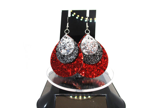 Silver, black and Red Glitter 3-Layer Faux Leather hypoallergenic teardrop earrings