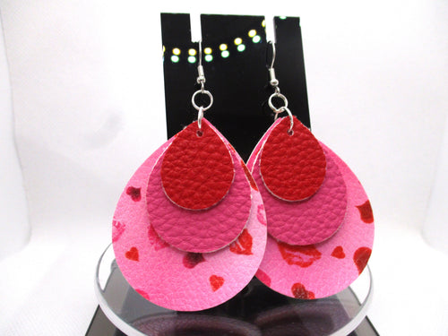 Red, Pink and Heart Patterned 3-layer Faux Leather hypoallergenic teardrop earrings