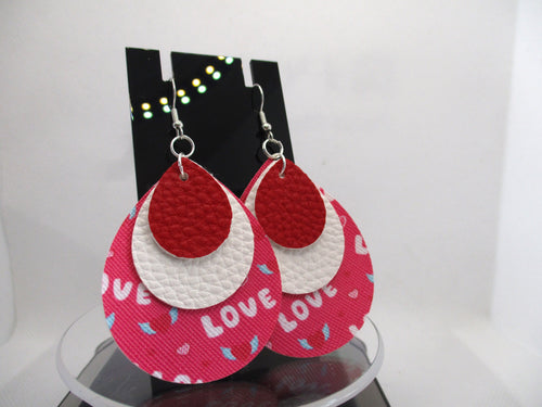 Red, White and Heart Patterned 3-layer Faux Leather hypoallergenic teardrop earrings