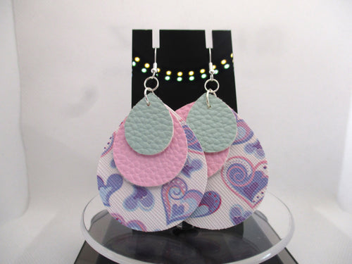 Seafoam, Pink and Heart Patterned 3-layer Faux Leather hypoallergenic teardrop earrings