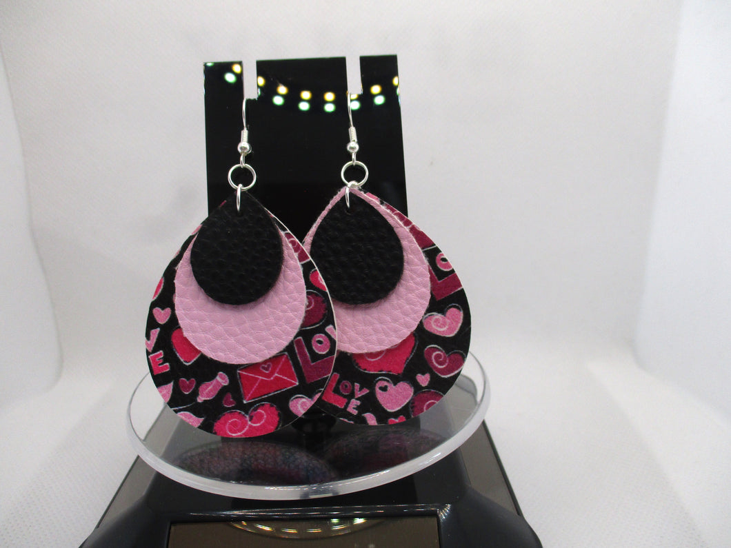 Black, Pink and Heart Patterned 3-layer Faux Leather hypoallergenic teardrop earrings