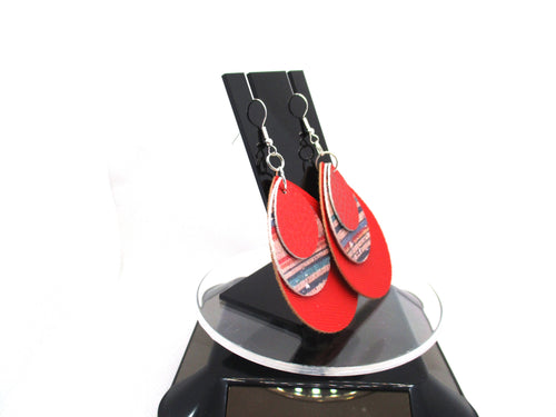 Red and striped 3-Layer Faux Leather hypoallergenic teardrop earrings