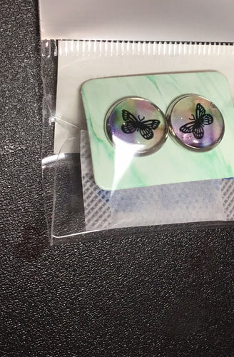 12MM Butterfly Earrings - Black Butterfly with Watercolor Background