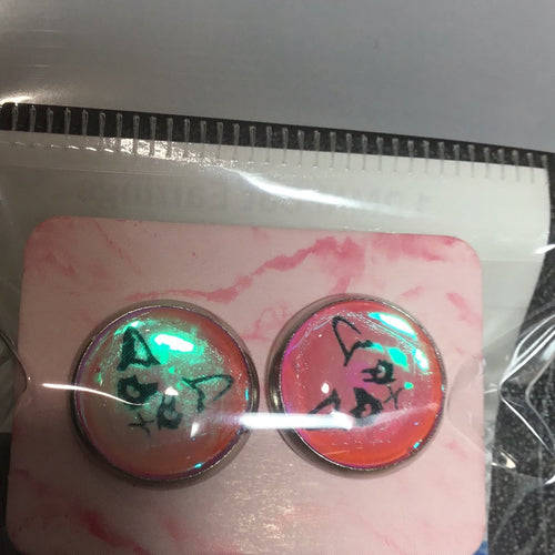 12MM Cat Earrings - Black Cat on Pink Holo Background