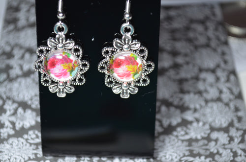 Filigree Vintage Style Photo Earrings - Red and Pink Roses