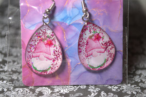 Teardrop Photo Resin Earrings - Pink flower gnome with glitter
