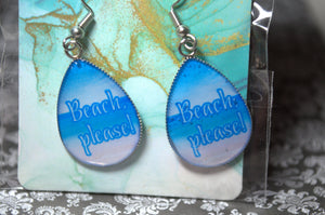 Teardrop Photo Resin Earrings - "Beach Please" with beach background