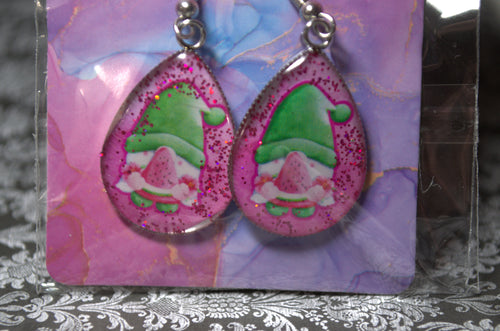 Teardrop Photo Resin Earrings - Green hat Gnome with watermelon and glitter