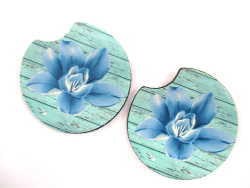 Set of 2 Absorbent Neoprene Rubber Car Coasters - Sublimated Blue Flower With Distressed Wood Grain Background