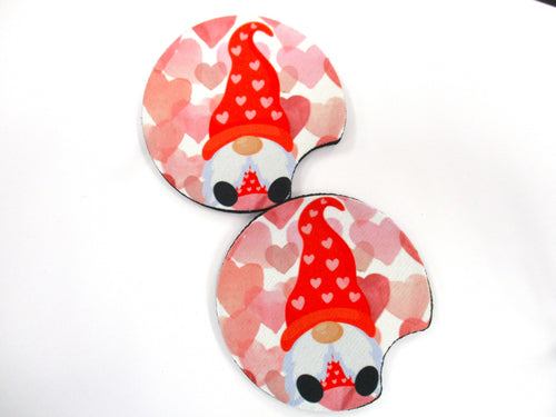 Set of 2 Absorbent Neoprene and Rubber Car Coasters -  Sublimated Gnome With Hearts