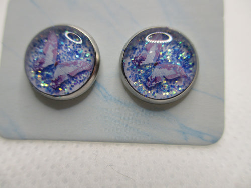 10MM Hypoallergenic Stainless-Steel Small Purple Butterfly With Some Glitter Stud Earrings (Not a real dried flower)