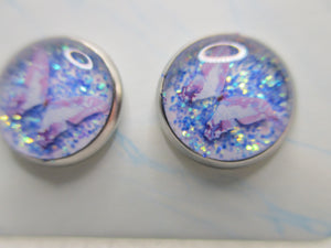 10MM Hypoallergenic Stainless-Steel Small Purple Butterfly With Some Glitter Stud Earrings (Not a real dried flower)