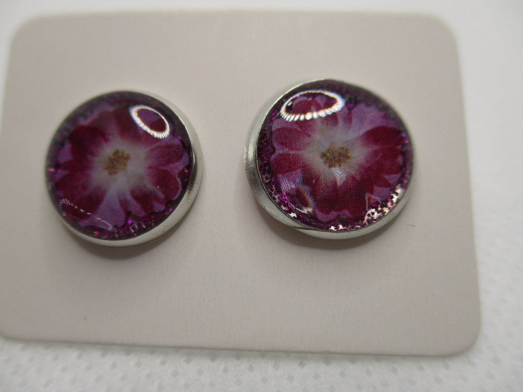 12MM Hypoallergenic Stainless-Steel Small Magenta Flower With Some Glitter Stud Earrings (Not a real dried flower)