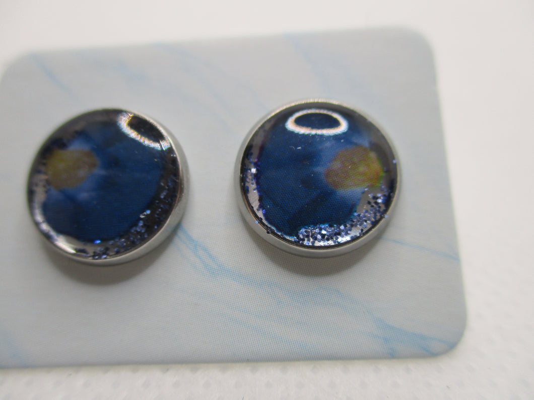 10MM Hypoallergenic Stainless-Steel Small Blue Flower Petal With Some Glitter Stud Earrings (Not a Real Dried Flower)