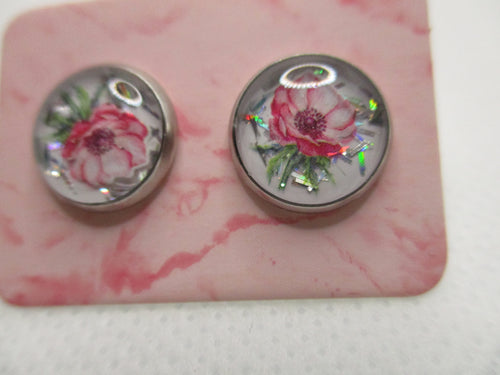 10MM Hypoallergenic Stainless-Steel Small Pink Flower With Some Glitter Stud Earrings (Not a real dried flower)