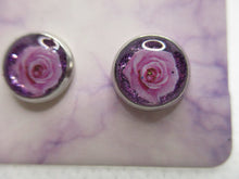 Load image into Gallery viewer, 8MM Hypoallergenic Stainless-Steel Small Purple Rose With Some Glitter Stud Earrings (Not a real dried flower)