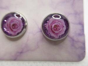 8MM Hypoallergenic Stainless-Steel Small Purple Rose With Some Glitter Stud Earrings (Not a real dried flower)