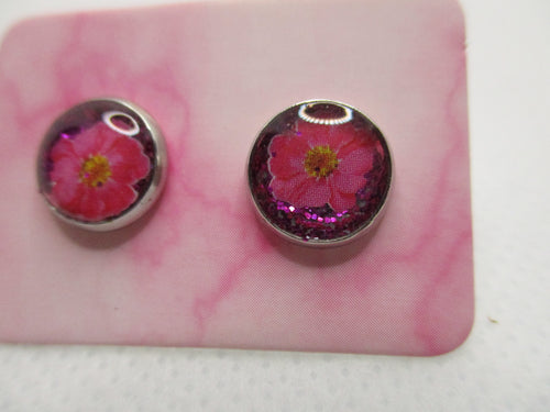 8MM Hypoallergenic Stainless-Steel Small Dark Pink Flower With Some Glitter Stud Earrings (Not a real dried flower)