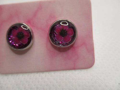 8MM Hypoallergenic Stainless-Steel Small Dark Pink Flower With Some Glitter Stud Earrings (Not a real dried flower)