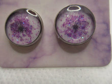 Load image into Gallery viewer, 10MM Hypoallergenic Stainless-Steel Small Purple Flower With Some Glitter Stud Earrings (Not a real dried flower)