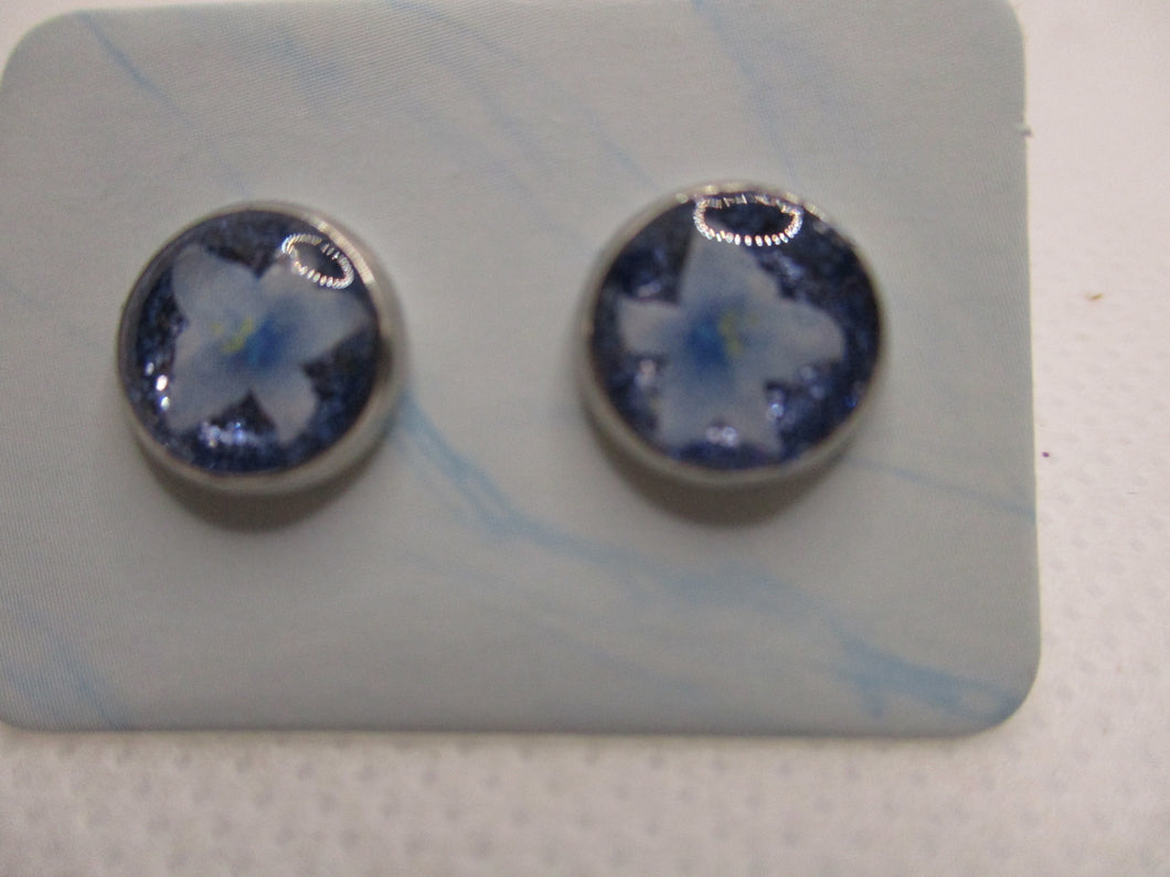 8MM Hypoallergenic Stainless-Steel Small Blue Flower With Some Glitter Stud Earrings (Not a real dried flower)