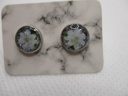 8MM Hypoallergenic Stainless-Steel Small White Flower With Some Glitter Stud Earrings (Not a real dried flower)