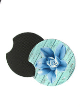 Load image into Gallery viewer, Set of 2 Absorbent Neoprene Rubber Car Coasters - Sublimated Blue Flower With Distressed Wood Grain Background