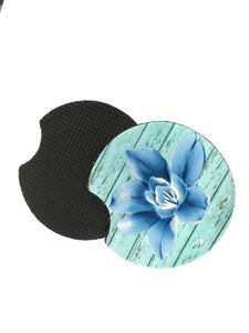 Set of 2 Absorbent Neoprene Rubber Car Coasters - Sublimated Blue Flower With Distressed Wood Grain Background