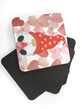 Load image into Gallery viewer, Set of 4 Absorbent Neoprene Square Coasters For Home/RV- Valentine Gnome With Hearts