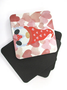 Set of 4 Absorbent Neoprene Square Coasters For Home/RV- Valentine Gnome With Hearts