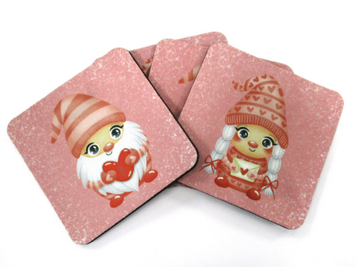 Set of 4 Absorbent Neoprene Square Coasters For Home/RV- Valentine Gnomes