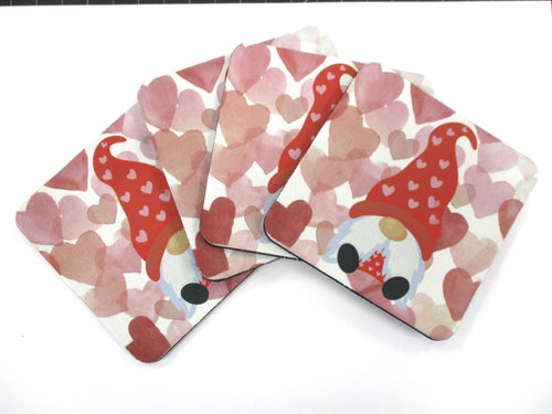 Set of 4 Absorbent Neoprene Square Coasters For Home/RV- Valentine Gnome With Hearts