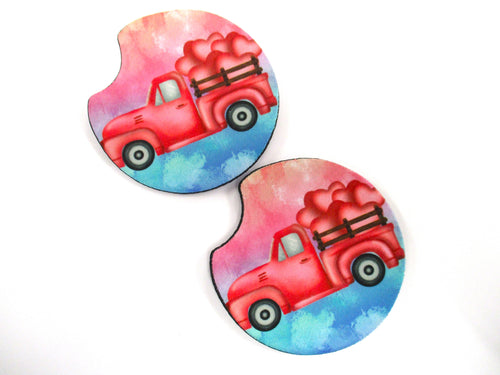 Set of 2 Absorbent Neoprene Rubber Car Coasters -  Sublimated Truck With Hearts